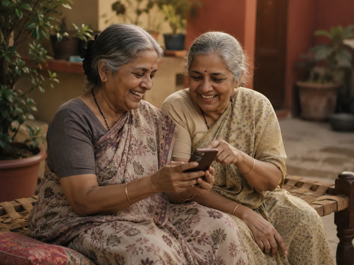 Two elder Indian women in saris sitting on a charpai, smiling together over a phone in warm afternoon light