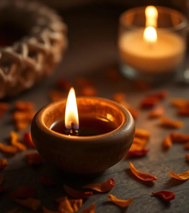 A clay diya glowing with marigold petals