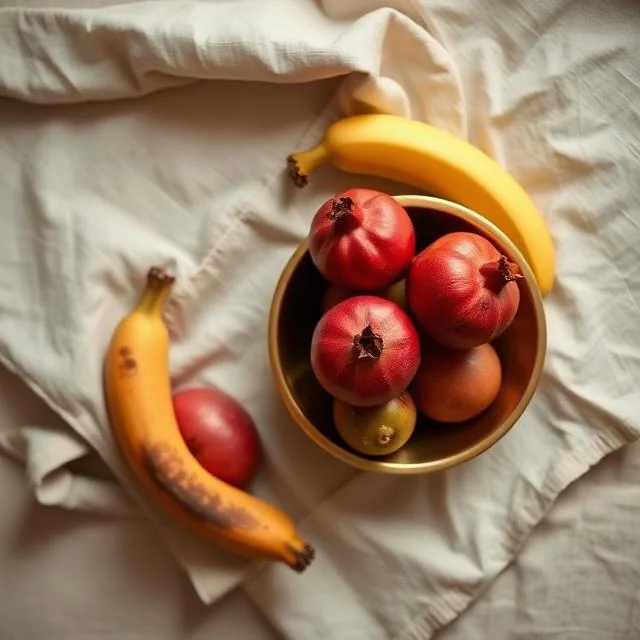 A brass bowl of seasonal fruit on linen