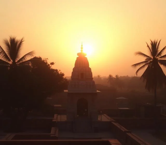 A temple shikhara at golden hour