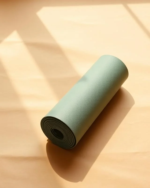 A rolled yoga mat resting in soft morning light